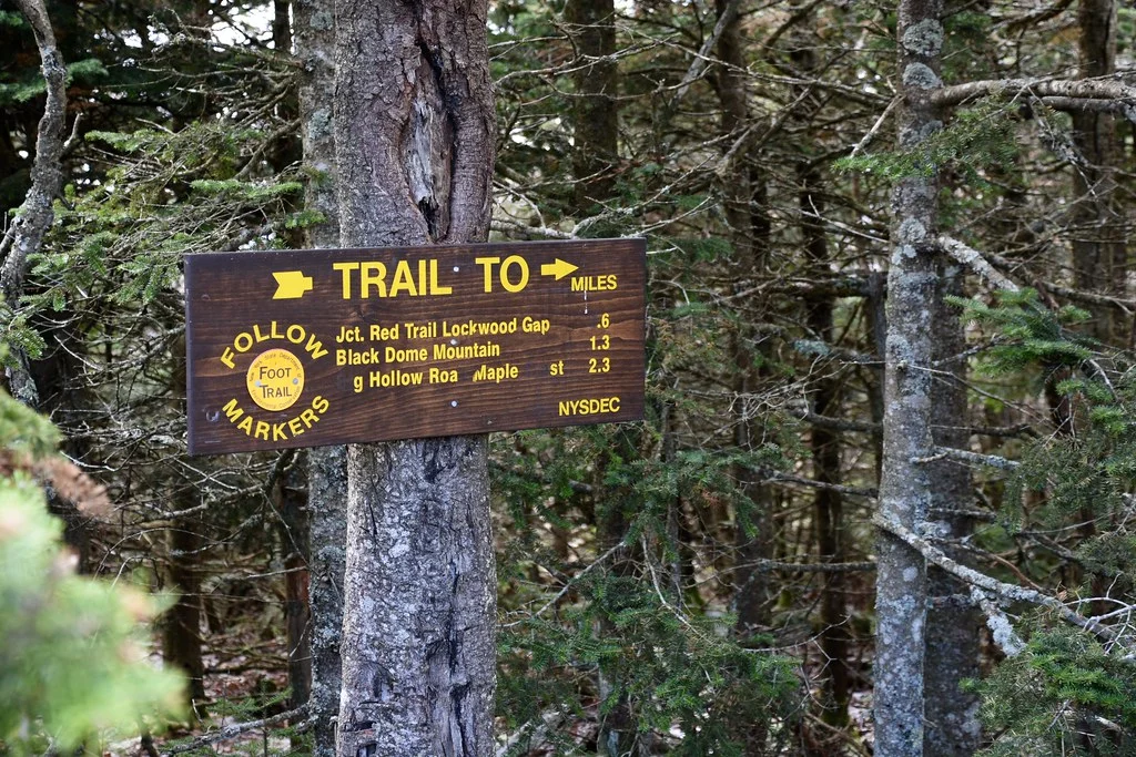 Catskills mountain trail signpost on a hiking route