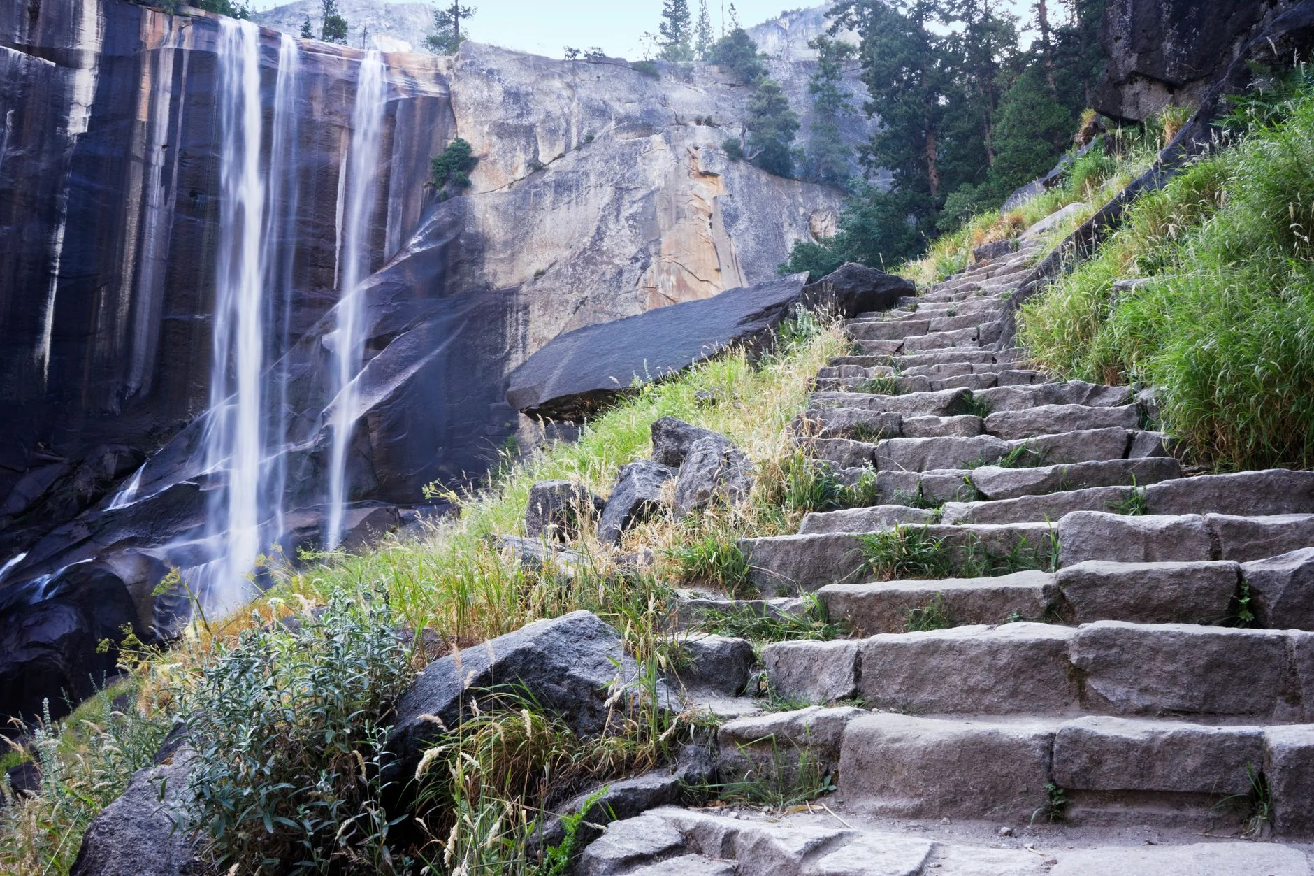 Stone stairway on a waterfall hiking trail